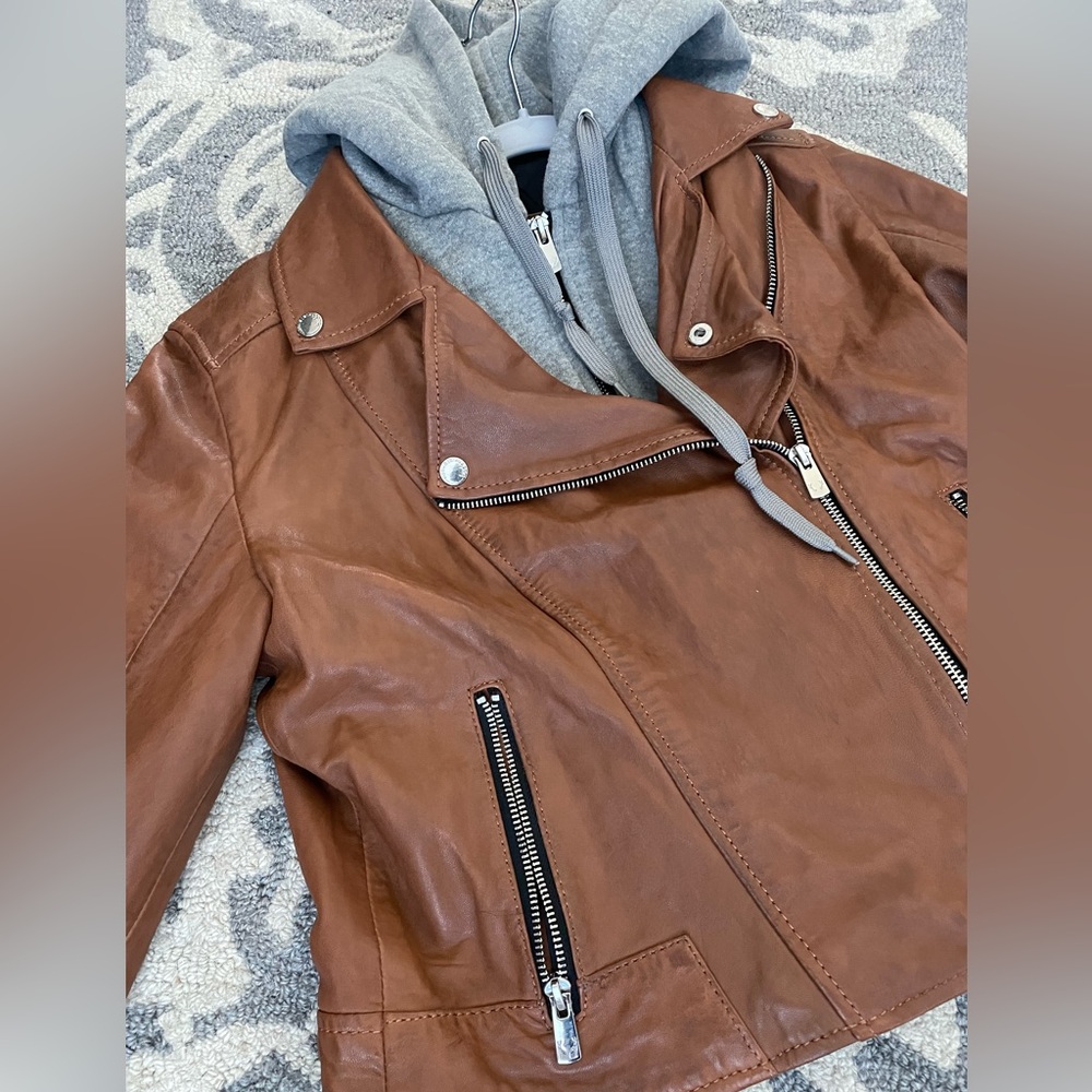 Bod & Christensen Brown Lambskin Leather Moto Jacket- Detachable Hood Lg - Picture 2 of 6